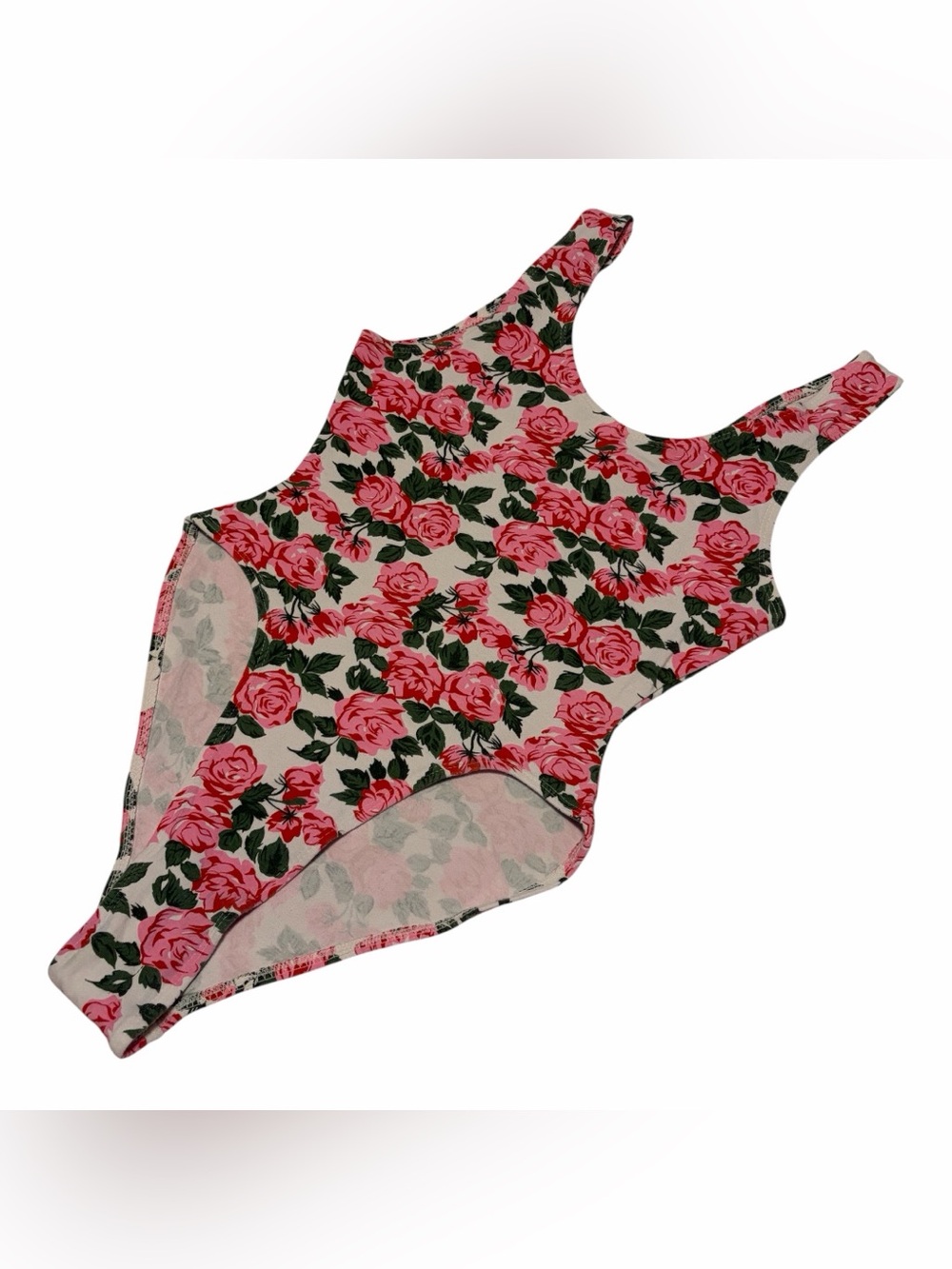 1990s High Cut Bodysuit Rose Print XS Cotton Vintage Cottagecore Coquette Sweet